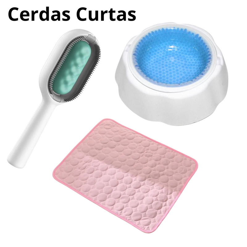 Kit Refrescância Tapete Gelado Médio + Tigela Gelada + Escova Multifuncional para Pets